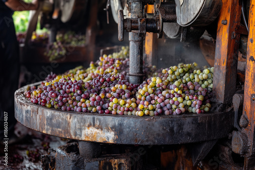 Fresh grapes being pressed into juice at a traditional winepress during harvest season in a rustic vineyard photo