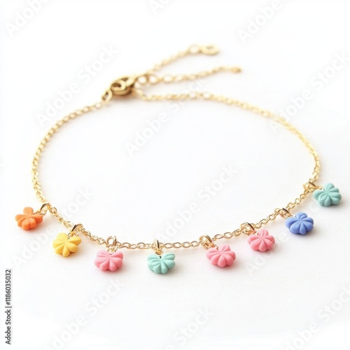 Wallpaper Mural Charming pastel charm bracelet featuring colorful floral designs on a delicate gold chain, perfect for stylish accessories. Torontodigital.ca