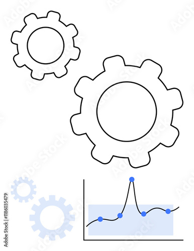 Two large gears, smaller faded gears, and a line graph suggest synergy between mechanics and analytics. Ideal for engineering, data analysis, optimization, technology, productivity, innovation