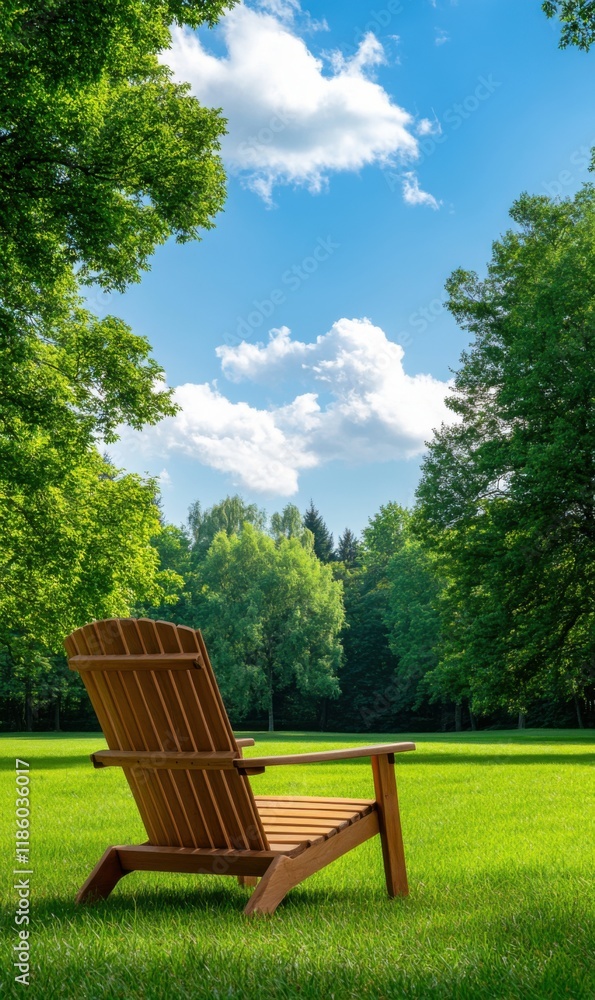 Relaxing Wooden Chair in a Beautiful Green Park Under a Bright Blue Sky with Fluffy White Clouds Relaxing Wooden Chair in a Beautiful Green Park Under a Bright Blue Sky with Fluffy White Clouds