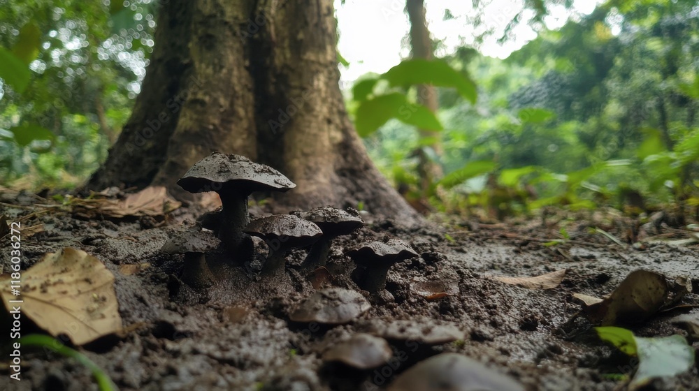 Mushrooms Growing on Forest Floor Beneath Tree in Rainforest Mushrooms Growing on Forest Floor Beneath Tree in Rainforest