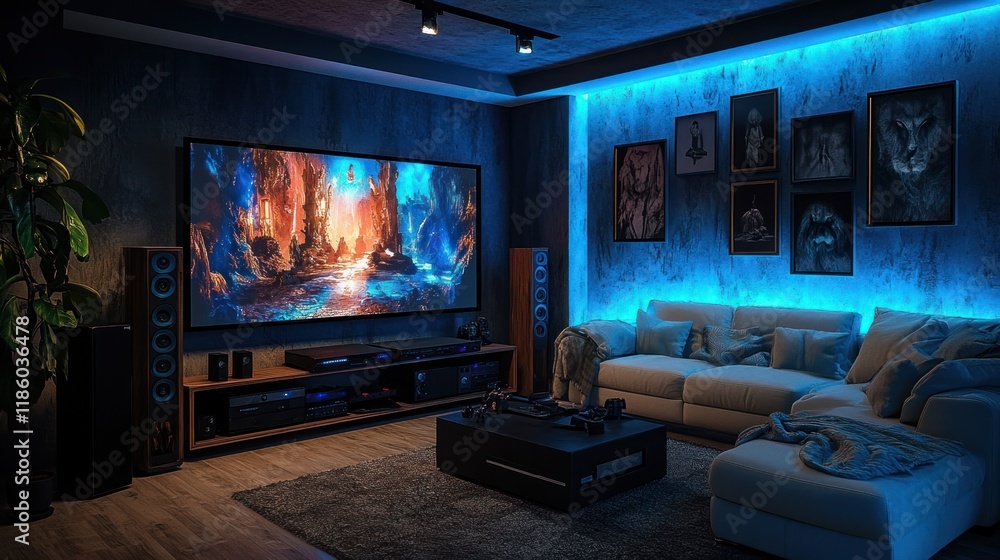 Fototapeta premium Modern home theater with LED lighting, large screen, and comfortable seating.