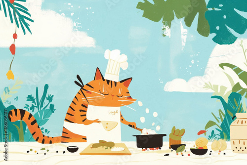 cheerful orange cat wearing chef hat cooks outdoors surrounded by tropical plants