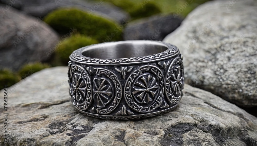 Norse jewelry, an old matte metal Viking ring with decorative friezes carved around the outside, set on a rock-gigapixel-art-scale Norse jewelry, an old matte metal Viking ring with decorative friezes carved around the outside, set on a rock-gigapixel-art-scale