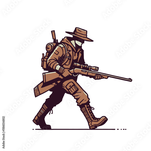 Modern masked hunter walking with a rifle and backpack, ready for survival. A bold and mysterious character illustration for adventure and outdoor themes. Isolated vector illustration photo