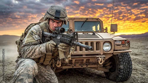 Soldier with Rifle and Humvee at Sunset photo