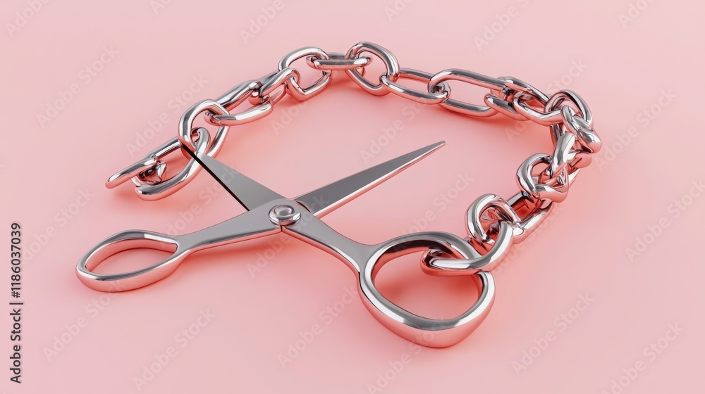 Obraz premium Stylized Scissors Cutting Through a Silver Chain