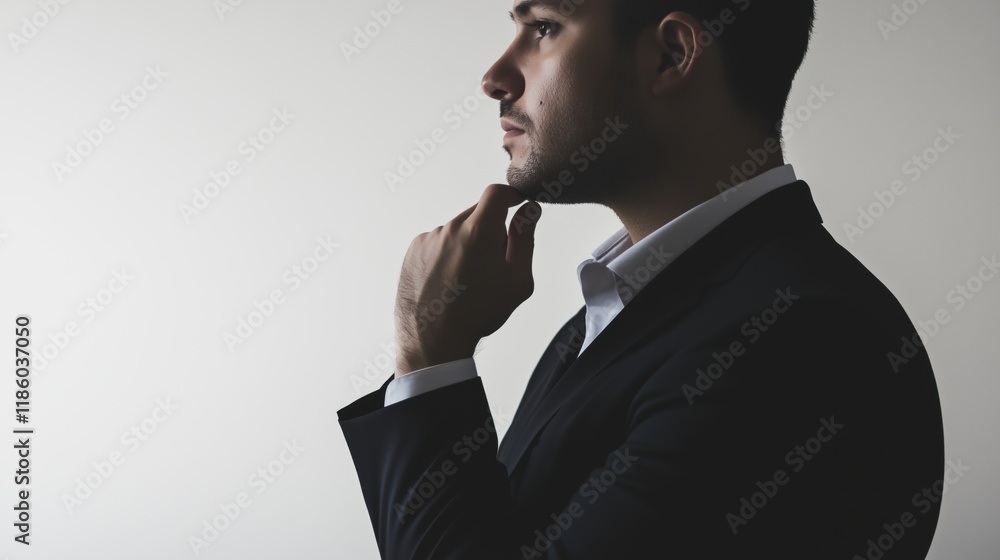 A Man in a Suit Looking off to the Side With His Hand on His Chin - Generative AI A Man in a Suit Looking off to the Side With His Hand on His Chin - Generative AI