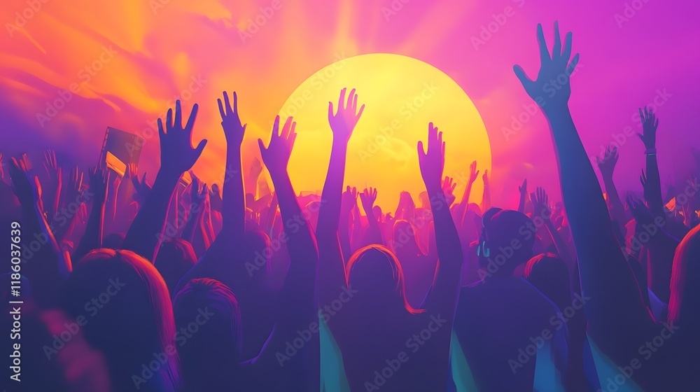 Crowd Silhouettes at Sunset Festival Celebration Crowd Silhouettes at Sunset Festival Celebration