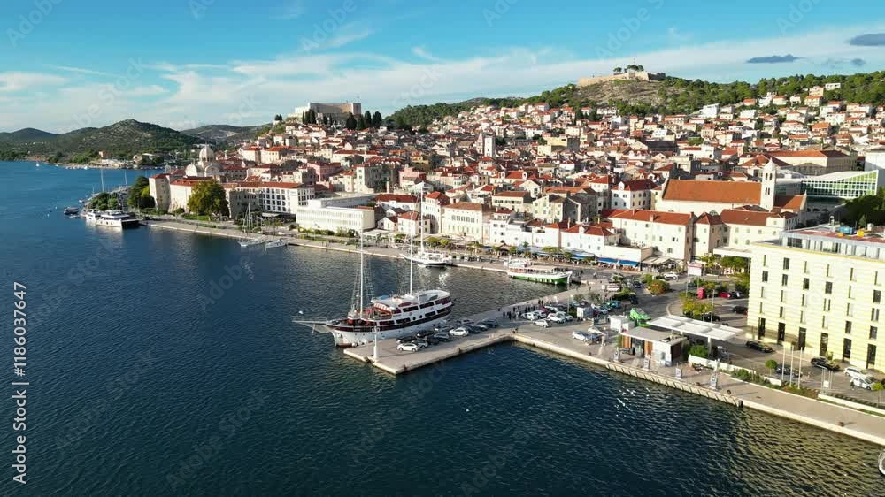 Drone flight towards a small croatian city with a harbour in the foreground. Drone flight towards a small croatian city with a harbour in the foreground.