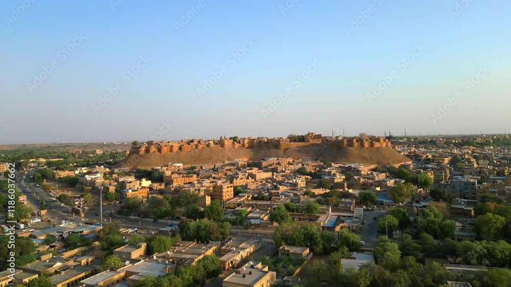 Forward-facing drone view of Jaisalmer Fort and the surrounding Rajasthan cityscape on a sunny day India 4K Forward-facing drone view of Jaisalmer Fort and the surrounding Rajasthan cityscape on a sunny day India 4K