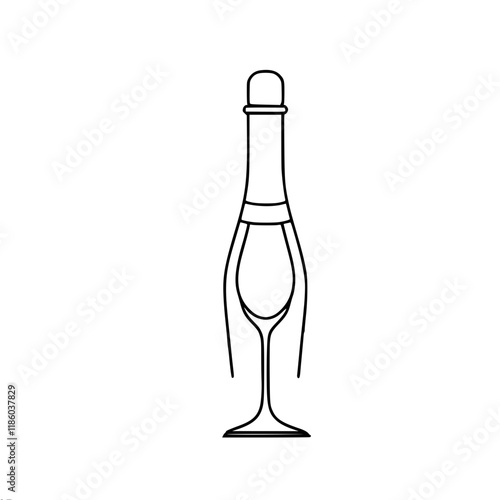 A simple vector contour linear symbolic image of a standing champagne bottle and a glass inside