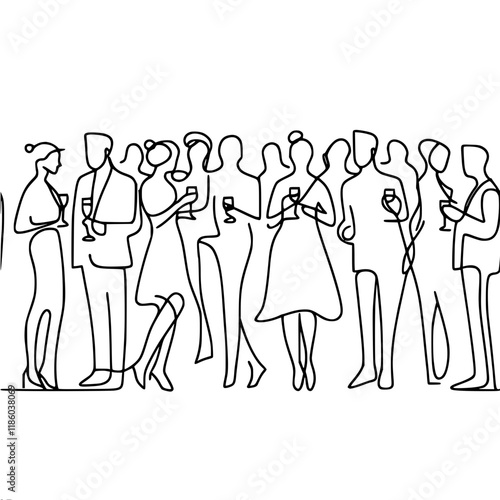 one line vector outline drawing, people communicate with drinks in their hands at a party, buffet with business people.