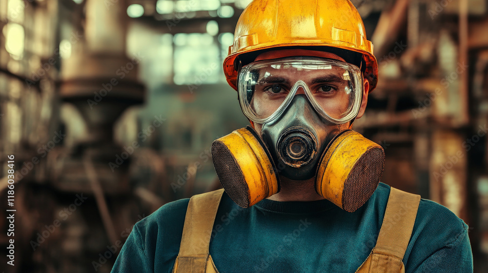 construction worker wearing yellow hard hat and protective mask in industrial setting. worker is focused and prepared for safety in hazardous environment construction worker wearing yellow hard hat and protective mask in industrial setting. worker is focused and prepared for safety in hazardous environment