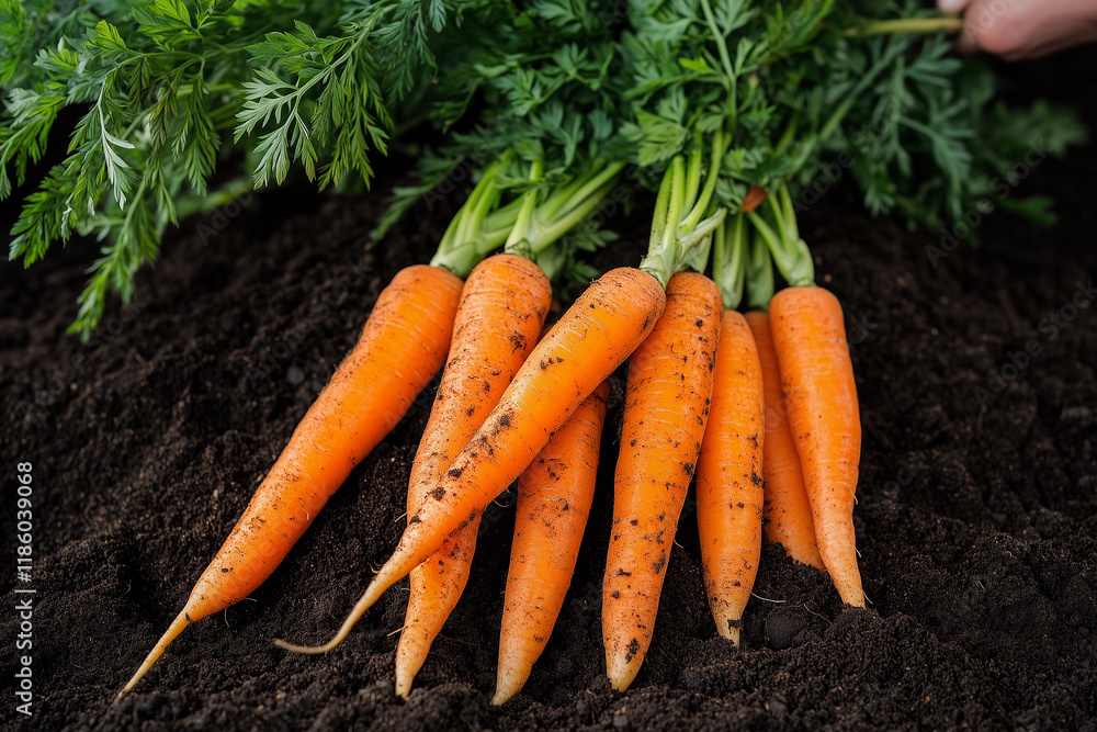 Freshly pulled carrots from rich soil showcasing healthy produce and organic farming practices in a vibrant garden Freshly pulled carrots from rich soil showcasing healthy produce and organic farming practices in a vibrant garden