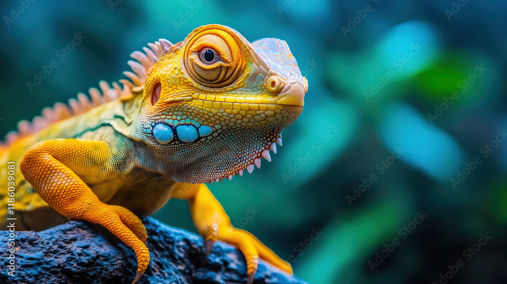 Obraz premium Vibrant iguana with colorful scales resting on rock, showcasing its unique features in lush environment. image captures beauty of this reptile in detail