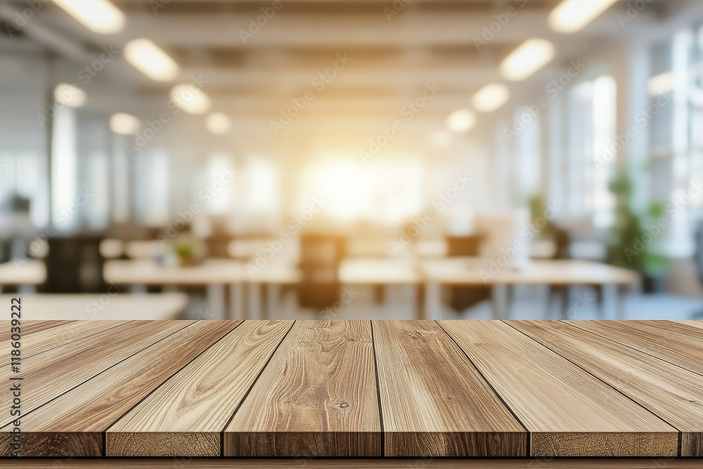 Wooden table, modern office background, sunlight, product display Wooden table, modern office background, sunlight, product display