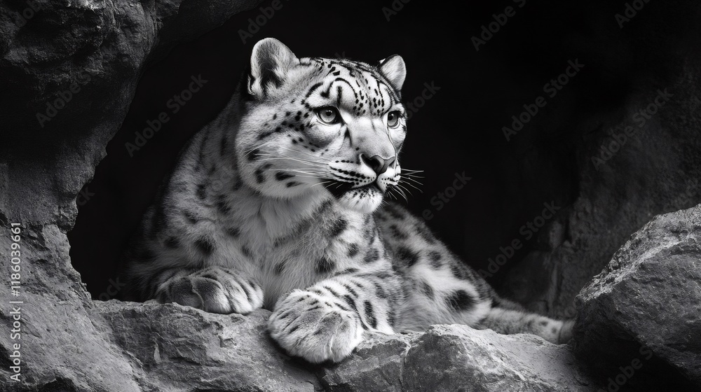 Majestic snow leopard resting in rocky cave: black and white wildlife portrait