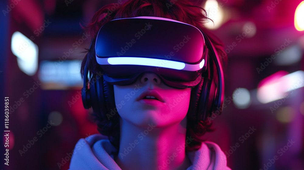 Young gamer with RGB lighting, wearing high-tech headphones, immersed in a virtual reality game Young gamer with RGB lighting, wearing high-tech headphones, immersed in a virtual reality game