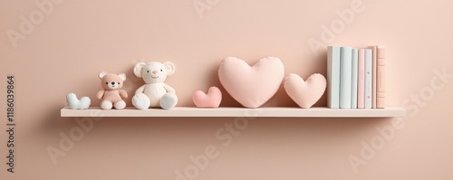 Valentine Nursery decorated with hearts Soft toys and decor on a pastel shelf against a light pink wall.