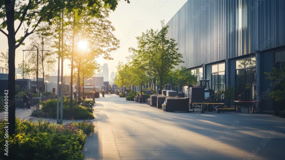 Sunlit urban walkway with modern building and landscaping. Sunlit urban walkway with modern building and landscaping.