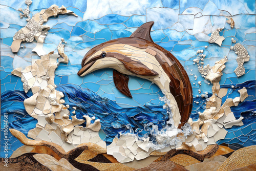 vibrant mosaic artwork of dolphin leaping through ocean waves photo