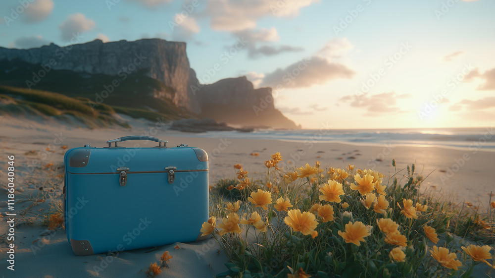 Blue Suitcase on a Beach at Sunset: A vintage blue suitcase rests on a sandy beach, surrounded by yellow flowers, with a dramatic mountain backdrop and a breathtaking sunset. Blue Suitcase on a Beach at Sunset: A vintage blue suitcase rests on a sandy beach, surrounded by yellow flowers, with a dramatic mountain backdrop and a breathtaking sunset.