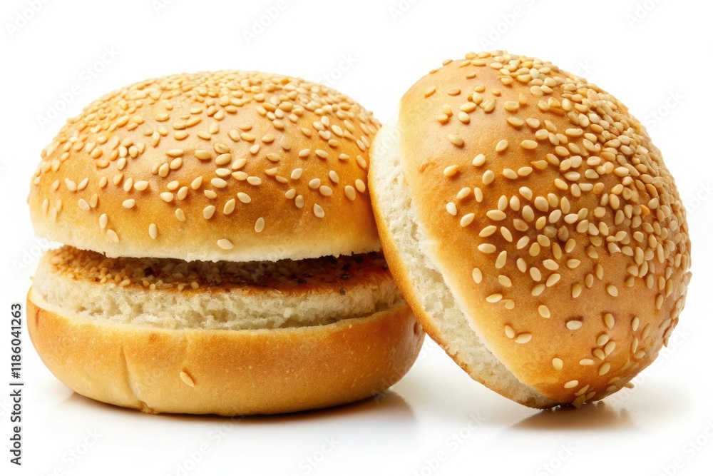 High-resolution PNG: Aerial drone shot of halved sesame burger buns, isolated against a clean background. High-resolution PNG: Aerial drone shot of halved sesame burger buns, isolated against a clean background.
