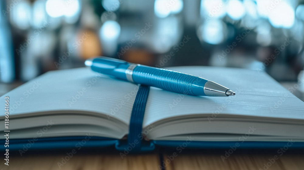 Fototapeta premium Blue Pen on Open Notebook: A close-up of an open notebook with a blue pen resting on the pages, symbolizing new beginnings, creativity, and a blank canvas for ideas.