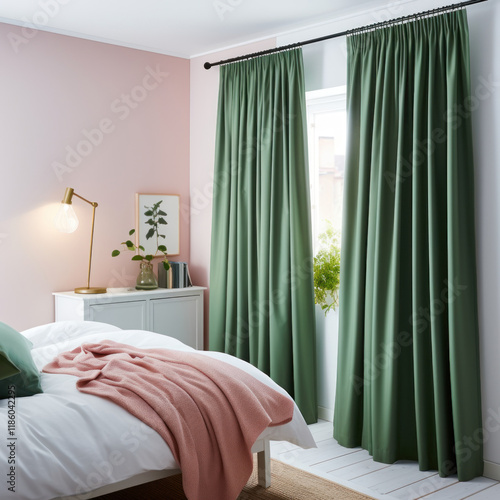 Heavy fabric curtains in modern bedroom, white walls and wooden furniture, miminal interior design