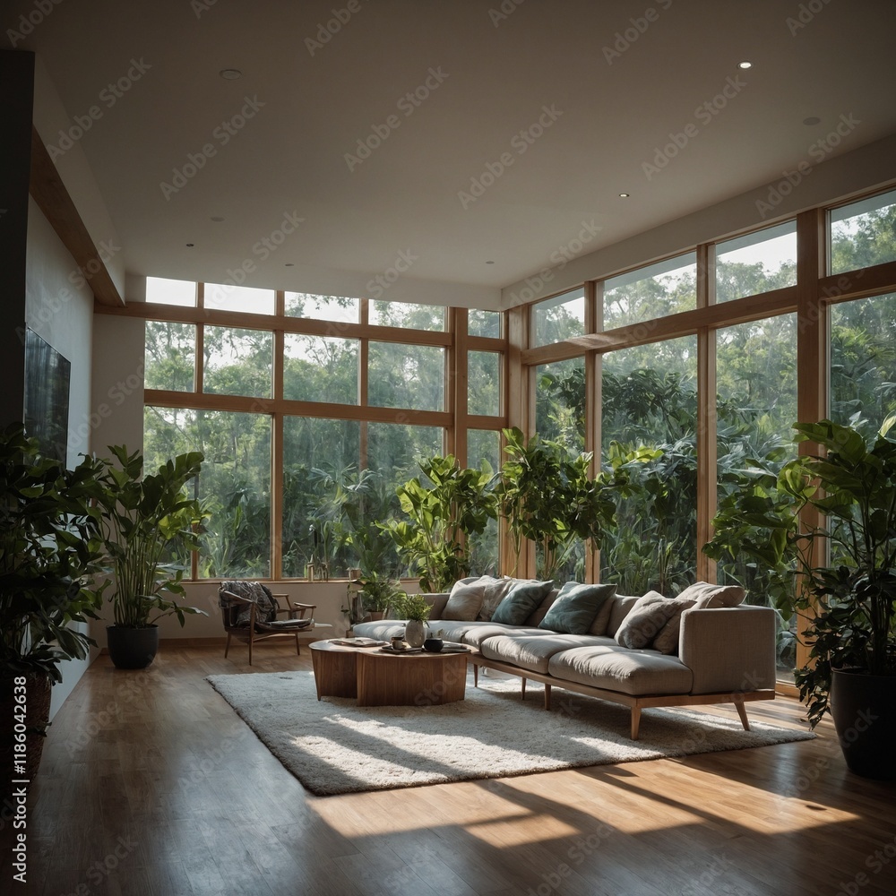 Fototapeta premium A living room filled with furniture and many vases of plants.living room with a view created by AI.
