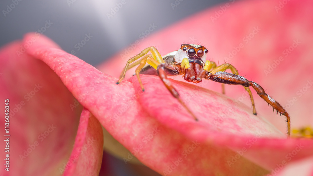 Obraz premium Jumping spider walking on a pink flower petal