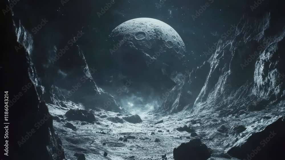 A large, cratered moon rises over a desolate, rocky landscape. A large, cratered moon rises over a desolate, rocky landscape.