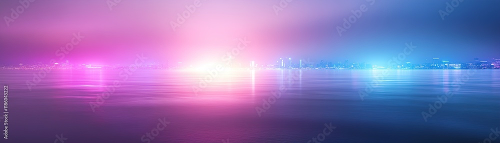 Fototapeta premium Futuristic city skyline illuminated by vibrant neon lights under a hazy atmosphere at twilight