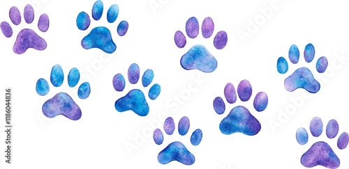 Set of watercolor paw prints blue and purple In clip art format with a white background