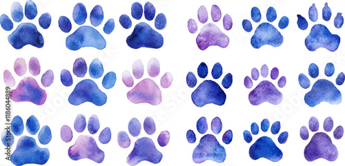 Set of watercolor paw prints blue and purple In clip art format with a white background