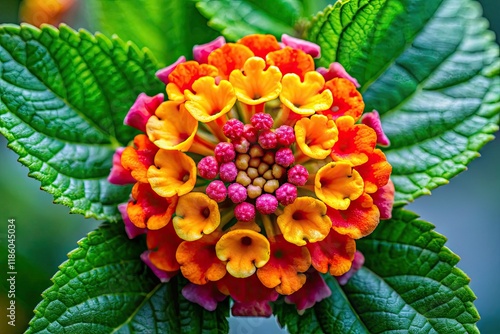 Macro photograph of Lantana camara, showcasing its vibrant red and white blossoms against a stark white background. photo