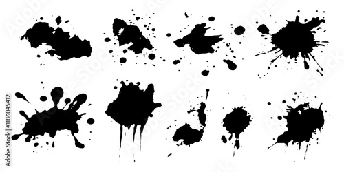 Set of black ink blots and stains isolated on a white background