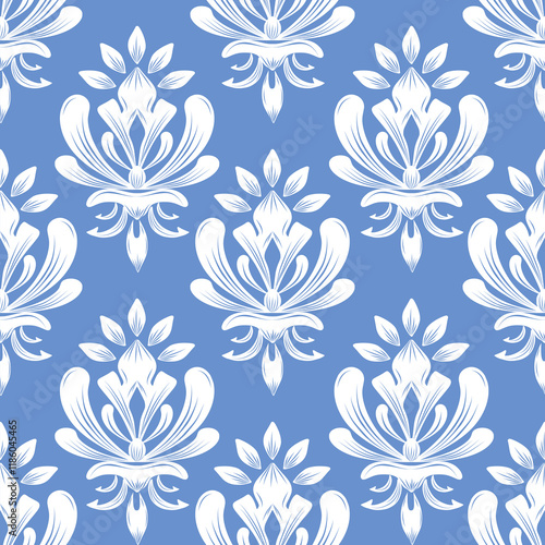 Blue and white damask seamless pattern with floral, vector illustration elegant for textile design, wall paper, bedding, curtain, rug, decoration, interior, vintage, luxury