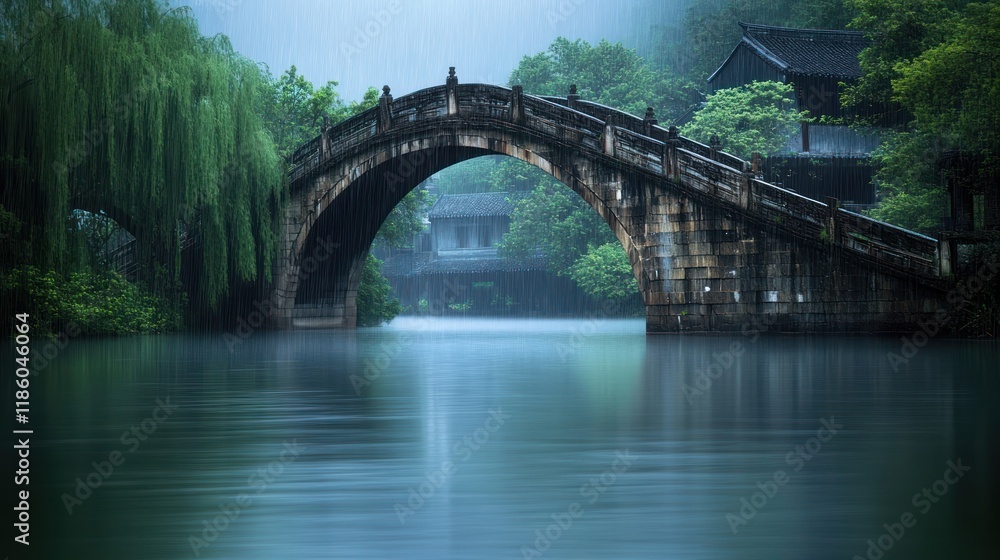 Obraz premium Ancient stone arch bridge over calm water, misty rain, lush green trees, tranquil Asian landscape.