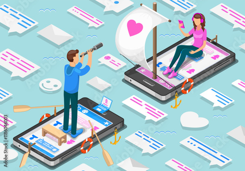 Isometric concept of virtual relationships and online dating. Teenagers exploring social networks for a match. Vector illustration
