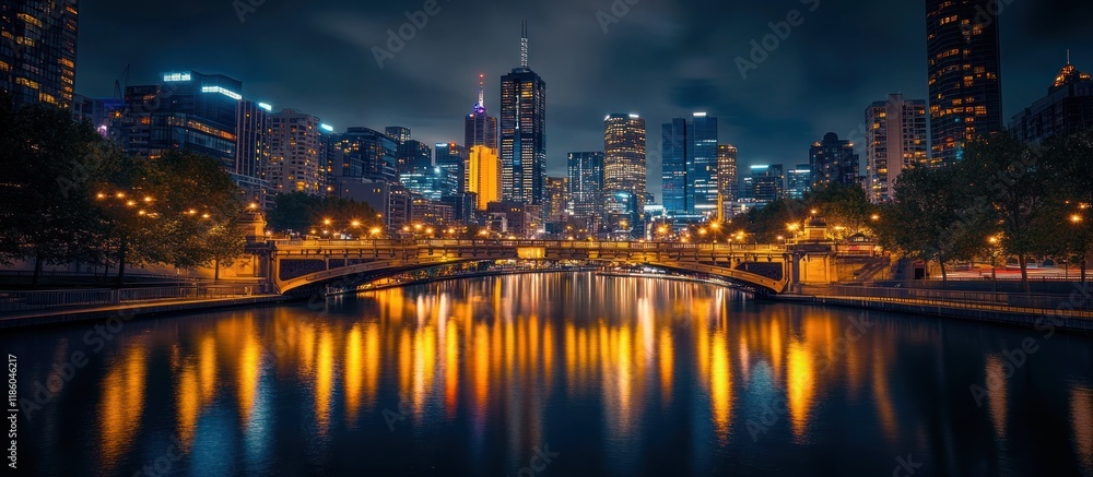 Fototapeta premium Night cityscape with bridge and city lights reflected in water.