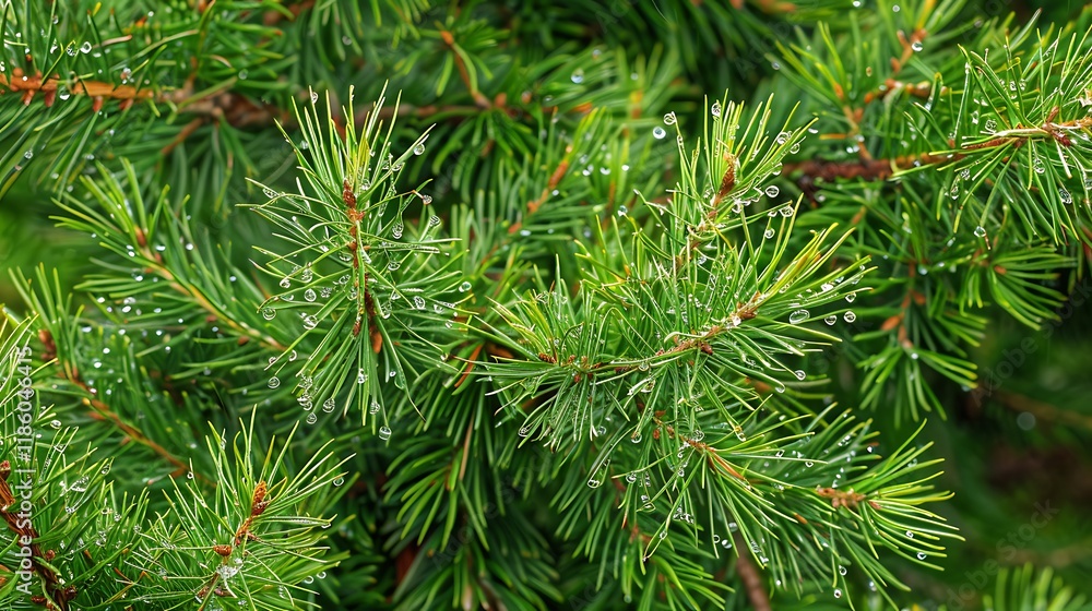 Pine branches with dew drops