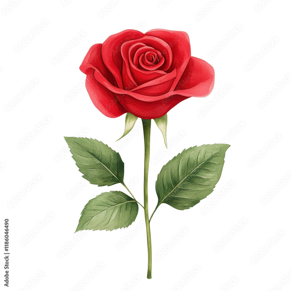Fototapeta premium Beautiful Red Rose with Delicate Green Leaves and Petals