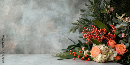 Floral arrangement with berries and roses on gray, painted background. For design, print, card. Top view. Copy space