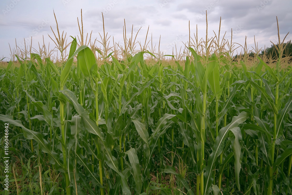Fototapeta premium Green corn stalks swaying gently in the breeze on a cloudy day in the agricultural fields