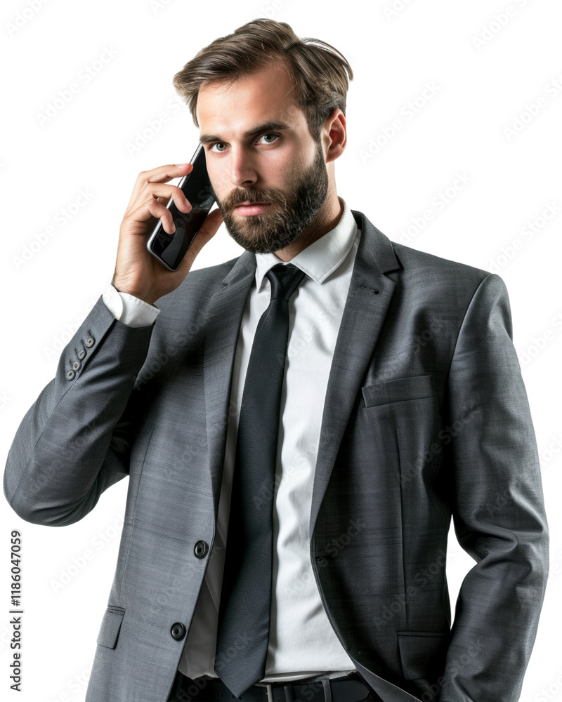 Businessman in a suit holding a phone isolated on a transparent background Businessman in a suit holding a phone isolated on a transparent background