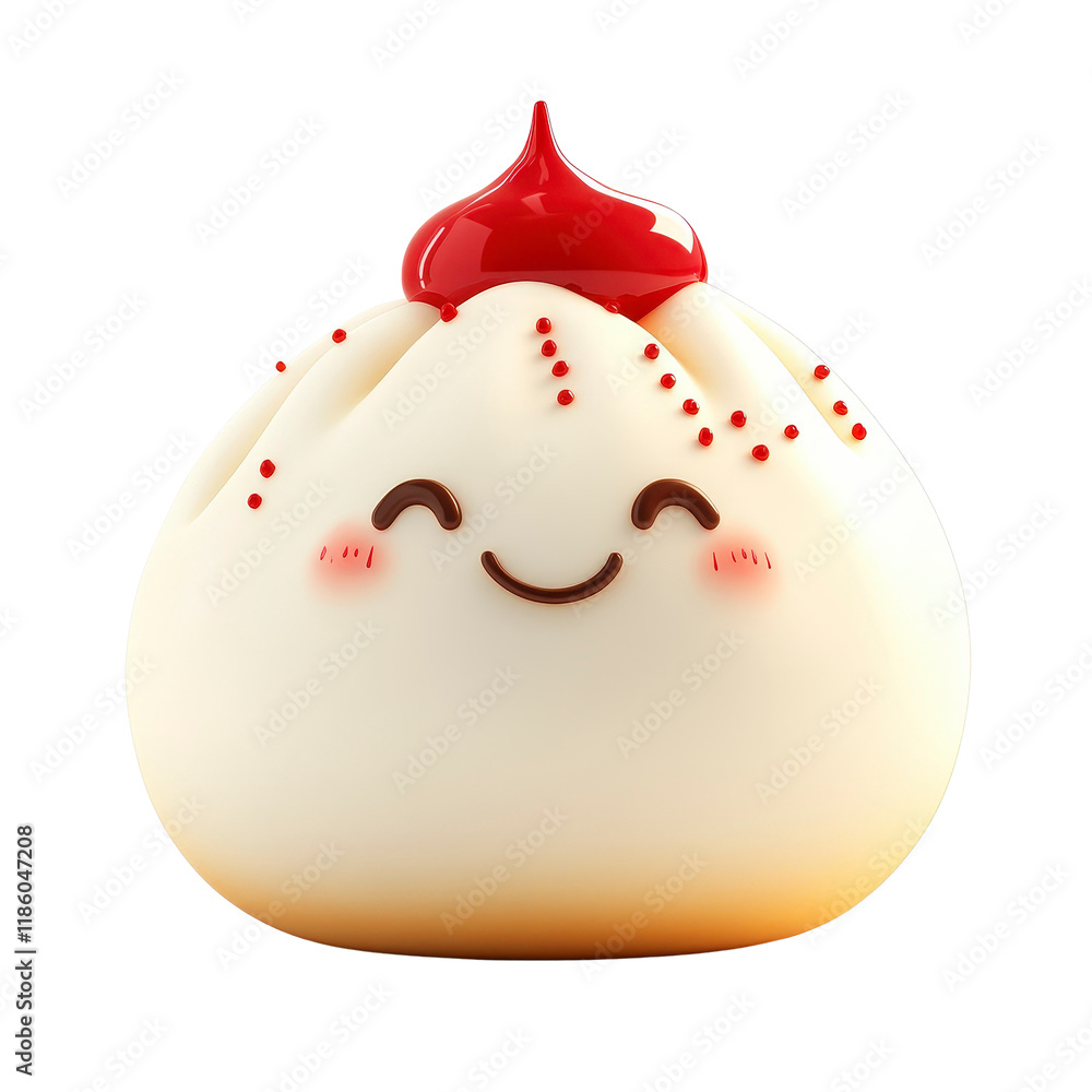 Fototapeta premium Cute Cartoon Dumpling with Happy Face and Cherry Topping
