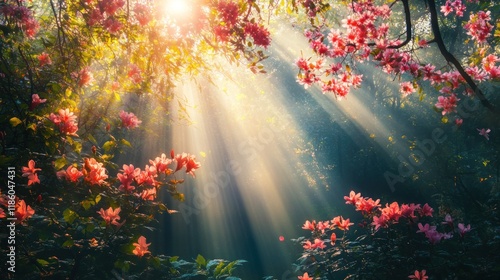Sunbeams illuminate vibrant pink flowers in a lush garden.