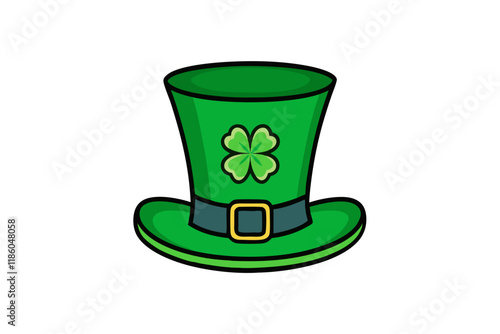 Irish Hat Vector Illustration, Traditional Green Top Hat with Clover, St. Patrick's Day Design